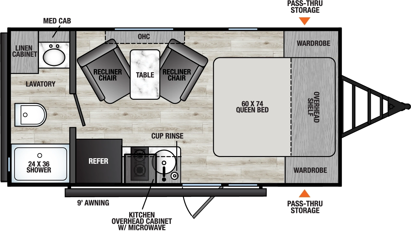 The Viking Travel Trailers 18FQ floorplan has one entry and zero slide outs. Exterior features include: metal exterior and 9' awning. Interiors features include: front bedroom and rear bathroom.